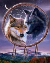 Denza - Diamond painting wolf uniek 40 x 50 cm volledige bedrukking ronde steentjes direct leverbaar - wolf - wolven - zon - herder