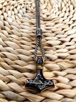 Viking Ketting,  Thors Hammer, Mjölnir neklace, Scandinavische Rune Amulet, Zilver en Goudkleurig, Roestvrije staal