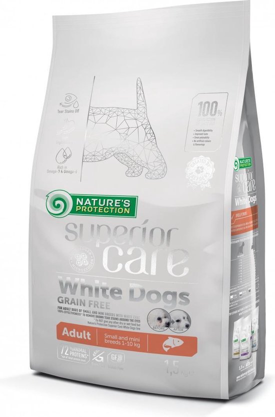 Foto: Nature s protection witte hond volwassen kleine ras graanvrije zalm 10kg hondenvoer transparant 10kg