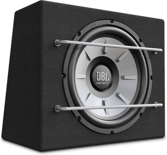 Zwarte subwoofer met JBL logo, 1000 Watt, en zilverkleurige beschermbeugels.