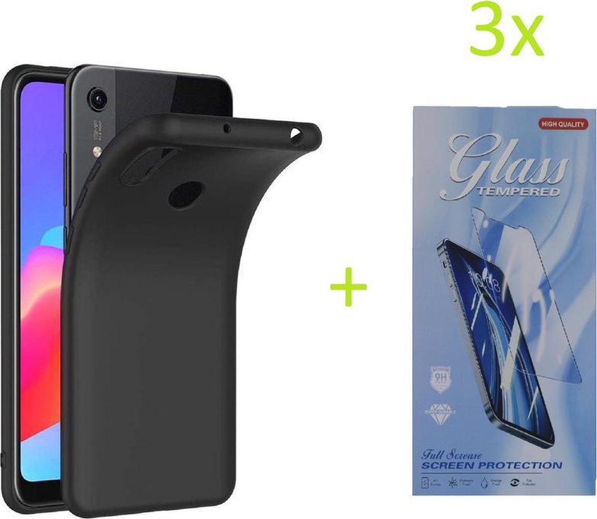 Huawei Y6 2019 / Y6S TPU Silicone rubberen hoesje + 3 Stuks Tempered screenprotector - zwart