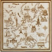 Europe wall art - Handgetekende kaart van Europa + bezienswaardigheden - Wand decoratie - Geëtst in hout - 30 * 30 CM