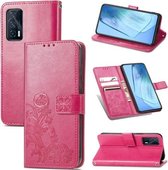 Voor vivo iQOO Neo5 Vier-blad Sluiting Reliëf Gesp Mobiele Telefoon Bescherming Lederen Case met Lanyard & Card Slot & Portemonnee & Beugel Functie (Magenta)