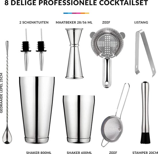 te veel Onafhankelijkheid diamant YONO Cocktail Set 10-Delig - RVS Cocktailshaker 800ml met Bar Accessoires -  Zilver | bol.com