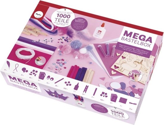 Speelgoed - mega knutselbox 1000 stuks roze éénhoorn unicorn rayher - knutselkoffer - knutselpakketten- knutseldoos - knutselen voor kinderen - diy - hobbypakket - creatief speelgoed - glitter - wiebelogen - stencils - vilten