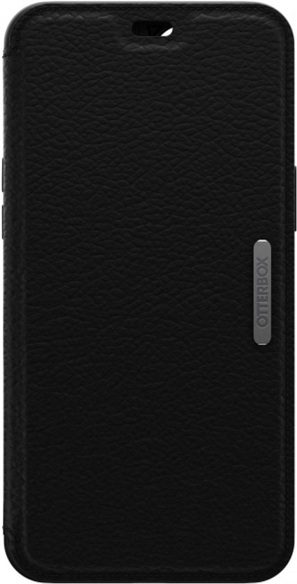 Zwarte OtterBox Strada telefoonhoes, gesloten voorkant met OtterBox logo.