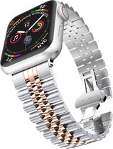 Apple Watch 42/44MM Metalen Horloge Bandje  - Metaal - Vouw Sluiting - Polsband - Apple Watch 1 / 2 / 3 / 4 / 5 / 6 / SE - Zilver / Rose Goud