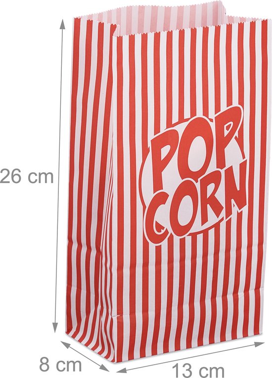 Papieren popcornzakje met rode en witte strepen, 26 cm hoog.