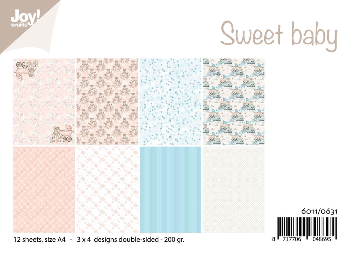 Joy!Crafts • Papierset A4 12 vel design Sweet baby / Hobbypapier Thema baby jongen en meisje 200g/m2 om kaarten mee te maken, voor home deco, scrapbooking, naamkaartjes en voor vele andere mogelijkheden.