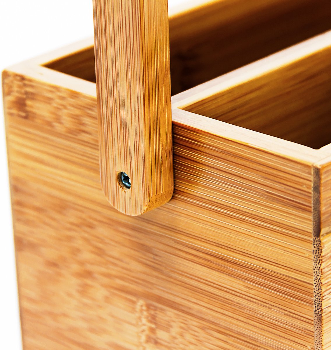 Organiseur Bureau Bambou Naturel - Range Stylos, 4 Compartiments Avec Poignée - 12x25x18 Cm