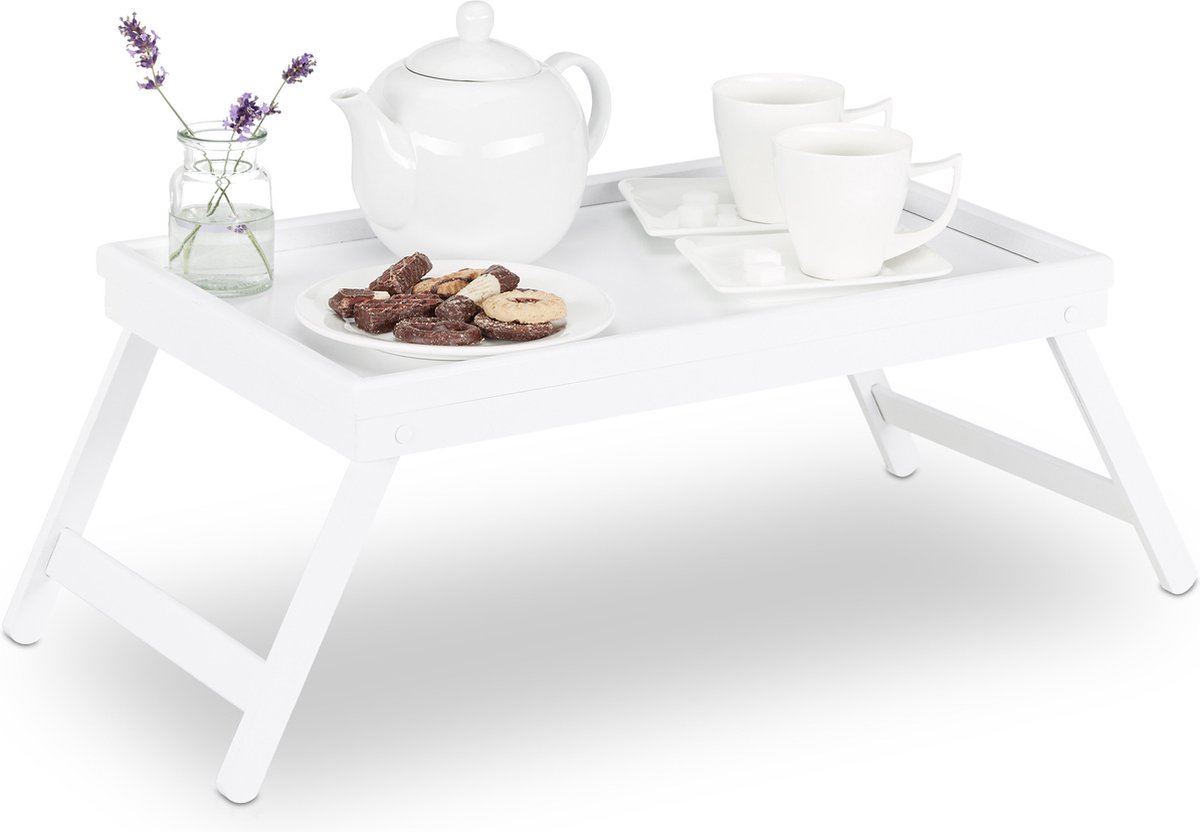 Relaxdays bedtafel bamboe - voor op bed - inklapbare poten - met rand - 22 x 64 x 31 cm - dienblad - wit