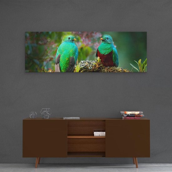 Artaza - Peinture sur toile - Deux Vogels Quetzal verts sur une branche - 120 x 40 - Groot - Photo sur toile - Impression sur toile