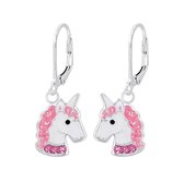 Kinderoorbellen | Eenhoorn oorbellen | Zilveren oorhangers met sluiting, eenhoorn met roze manen en kristallen