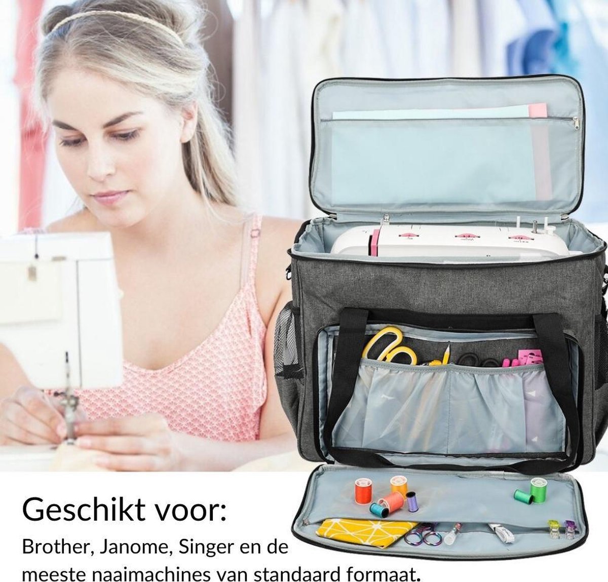 COOZEE Naaimachine Tas, Draagtas voor Naaimachine, Transport- en Opbergtas Compatibel met de Meeste Grote Naaimachines en Accessoires, Grijs