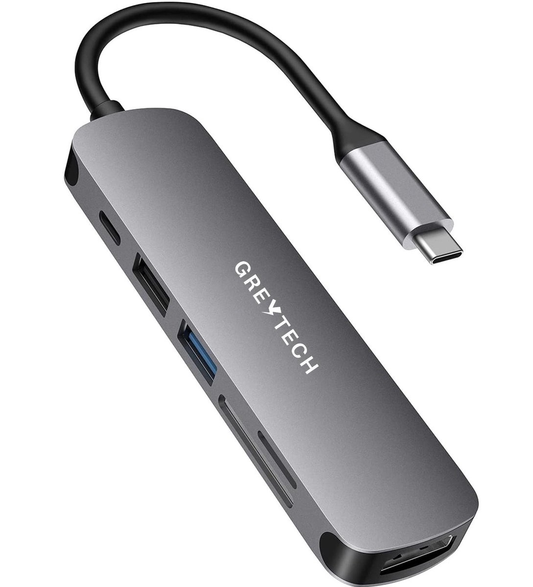 GREYTECH USB C HUB 6 in 1 - met / naar HDMI 4K, 2x USB 3.0 (thunderbolt), USB C opladen, Micro/SD card reader Hub - Docking station - Geschikt voor Apple Macbook Pro / Air, Lenovo, Samsung - Spacegrijs