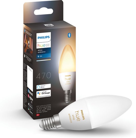 Philips Hue White ambiance Flamme - Ampoule connectée E14, Ampoule intelligente, Bluetooth/Zigbee, Blanc, LED intégrée, E14, Lumière du jour froide, Blanc chaud