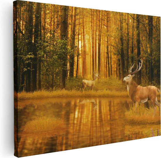 Artaza Canvas Schilderij Twee Herten In Het Bos Bij Het Water - 40x30 - Klein - Foto Op Canvas - Canvas Print