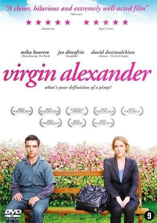 DVD-cover van Virgin Alexander met een man in een blauw uniform en een vrouw in een grijs pak die op een bankje zitten.
