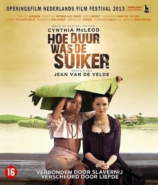 Poster: Twee vrouwen, onder een blad in de regen, met filmtitel 'Hoe duur was de suiker'.