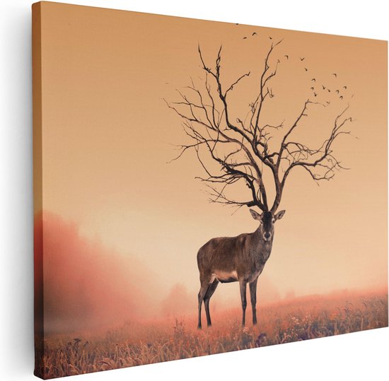 Artaza Canvas Schilderij Hert Met Een Bomen Gewei - 80x60 - Foto Op Canvas - Canvas Print