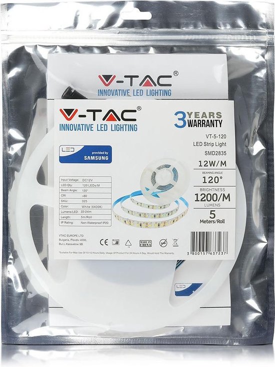 Vtac Led Strip V-tac Led-strip Vt-5-120 5 Meter 12w 1200lm 6500k Wit | bol