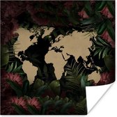 Poster Wereldkaart - Bloemen - Roze - 30x30 cm