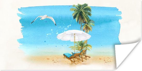 Poster Strandstoel - Parasol - Vogel - Palm - 80x40 cm