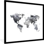 Fotolijst incl. Poster Zwart Wit- Wereldkaart - Waterverf - Zwart Wit - 40x40 cm - Posterlijst