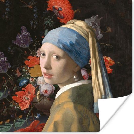 Poster Meisje met de parel - Vermeer - Bloemen - 50x50 cm