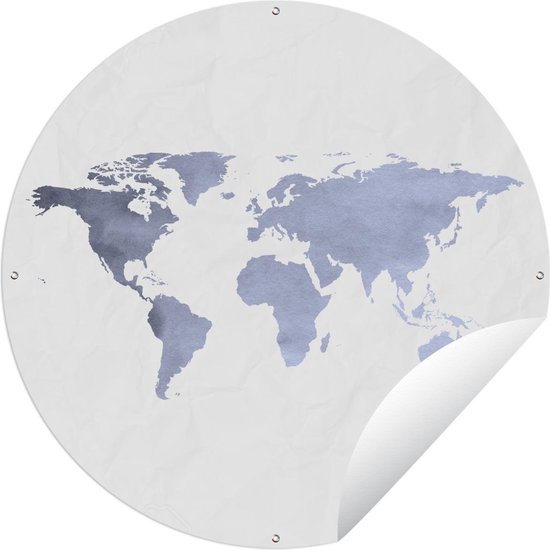 Tuincirkel Wereldkaart - Zilver - Wit - 90x90 cm - Ronde Tuinposter - Buiten
