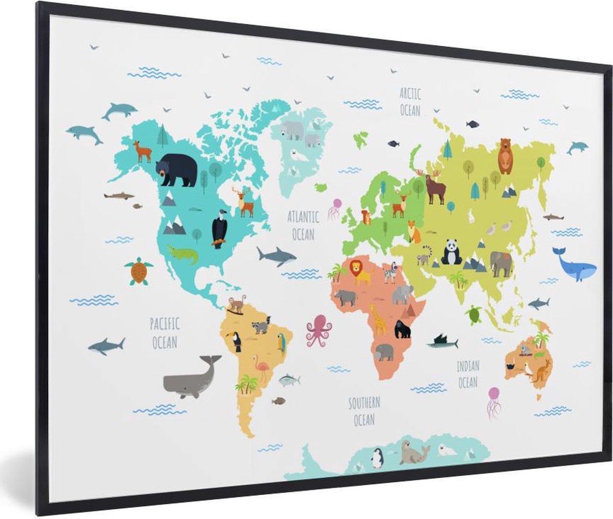 Afbeelding van product PosterMonkey  Poster met lijst Wereldkaart - Dieren - Kinderen - 60x40 cm