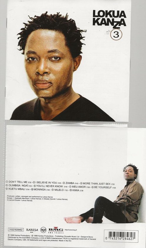 Portret van Lokua Kanza, met albumtitel 'LOKUA KANZ A 3' bovenaan. Achtergrond met tracklist.
