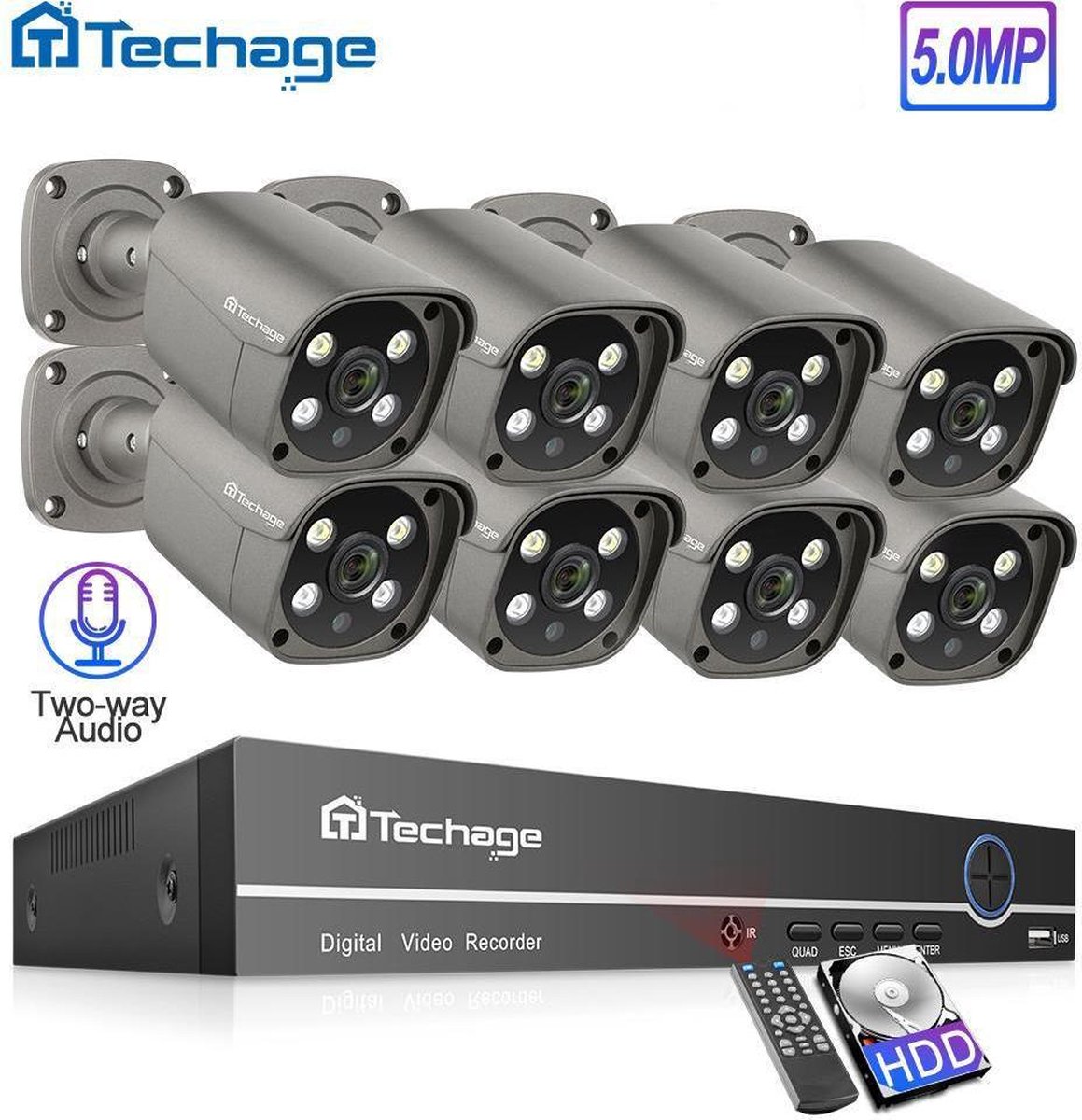 RealGen Beveiligingscamera set - 8 Stuks - Techage - 2TB Interne opslag - Bewegingsdetectie - 1920x1080p Full HD - 5mp