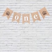 1 Jute slinger met de tekst one en hondenpootjes - slinger - jute - hond - cakesmash - eerste verjaardag