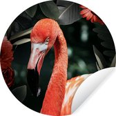 WallCircle - Muurstickers - Behangcirkel - Flamingo - Bloemen - Bladeren - Veren - 100x100 cm - Muurcirkel - Zelfklevend - Ronde Behangsticker XXL