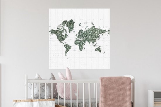 Stickers muraux - Wereldkaart - Vert - Feuilles - 80x80 cm - Film adhésif