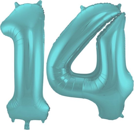 Folieballon Cijfer 14 Aqua Metallic Mat - 86 cm
