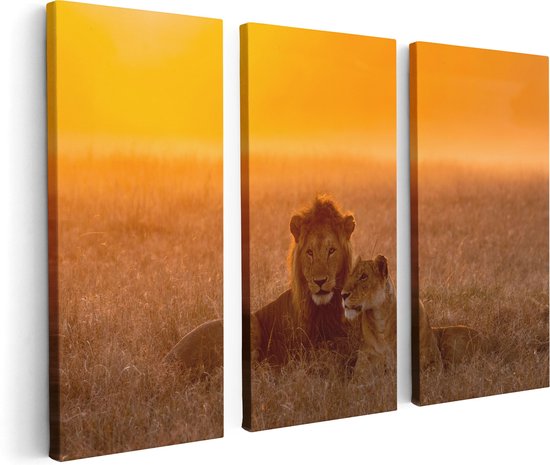 Artaza Canvas Schilderij Drieluik Leeuw En Leeuwin Tijdens Zonsondergang - 120x80 - Foto Op Canvas - Canvas Print