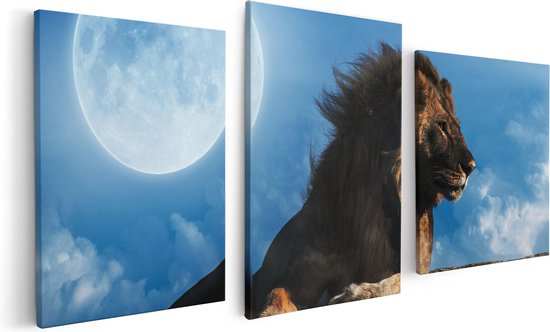 Artaza Canvas Schilderij Drieluik Leeuw Tijdens Volle Maan - 120x60 - Foto Op Canvas - Canvas Print