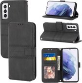 Voor Samsung Galaxy S21+ 5G Reliëf Gestreepte Magnetische Gesp PU + TPU Horizontale Flip Lederen Case met Houder & Kaartsleuf & Portemonnee & Fotolijst & Sling (Zwart)