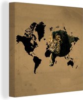 Canvas Wereldkaart - 90x90 - Wanddecoratie Wereldkaart - Leeuw - Bruin