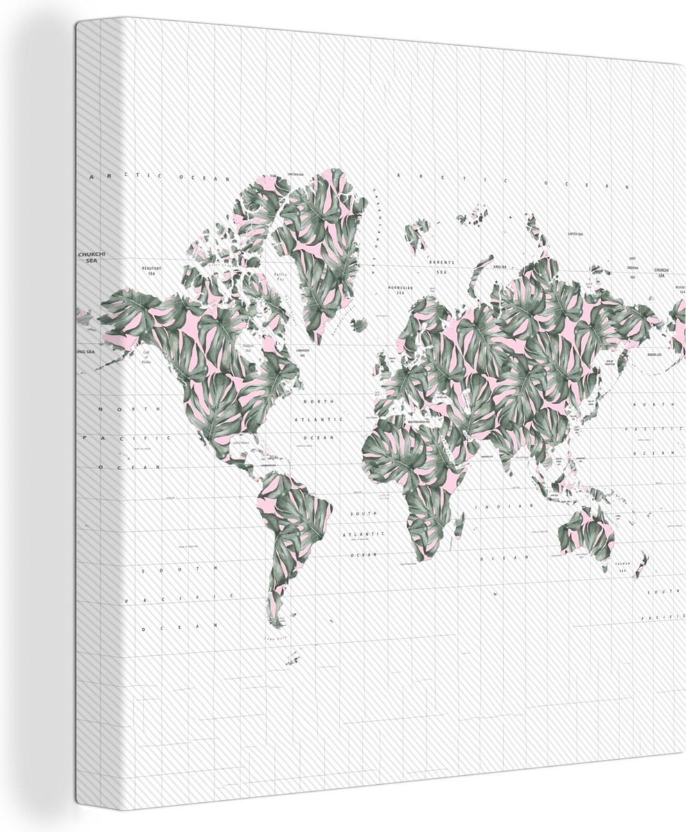 Afbeelding van product OneMillionCanvasses  Canvas Wereldkaart - 20x20 - Wanddecoratie Wereldkaart - Bladeren - Roze