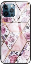 Abstracte marmeren patroon glazen beschermhoes voor iPhone 13 Pro Max (Rhombus Rose)