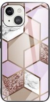 Abstracte marmeren patroon glazen beschermhoes voor iPhone 13 Mini (ruit oranje paars)