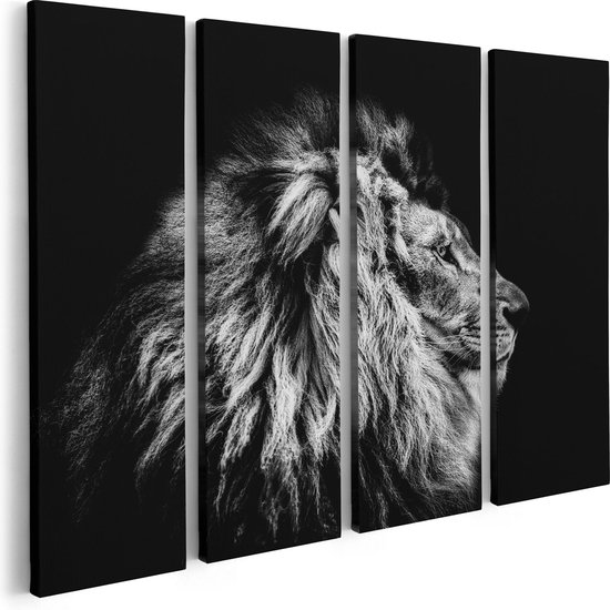 Artaza Canvas Schilderij Vierluik Leeuw - Leeuwenkop - Zwart Wit - 80x60 - Foto Op Canvas - Canvas Print