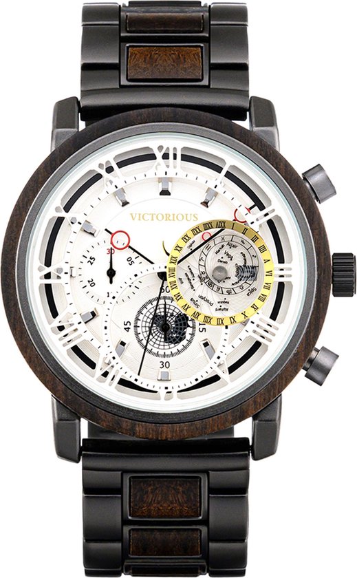 Victorious Houten Horloge Heren – Zwart Staal met Bruin Walnoothout - Ø44mm