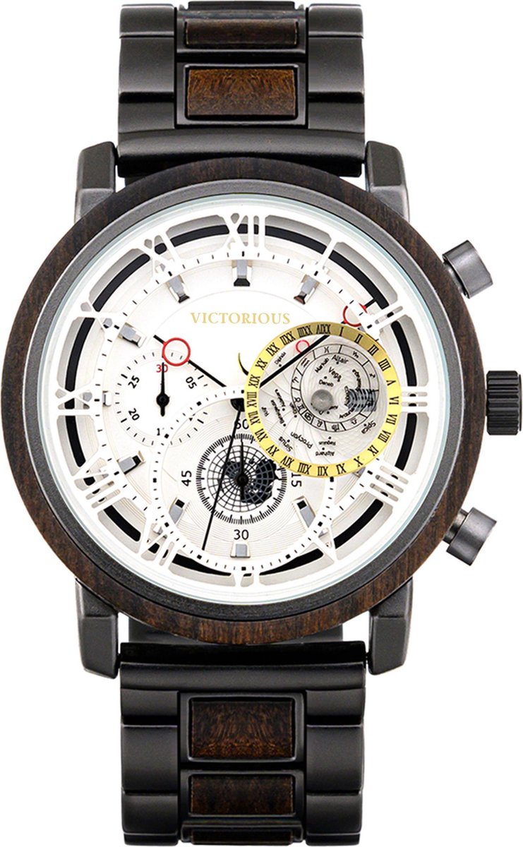 Victorious Houten Horloge Heren - Zwart Staal met Bruin Walnoothout - Ø44mm