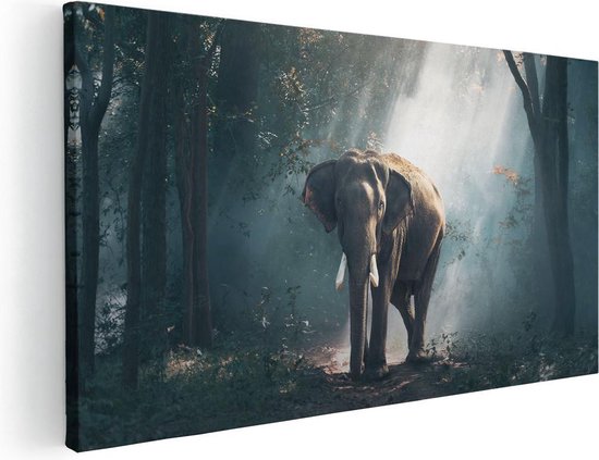Artaza - Peinture sur toile - Éléphant dans la forêt avec soleil - 100 x 50 - Groot - Photo sur toile - Impression sur toile
