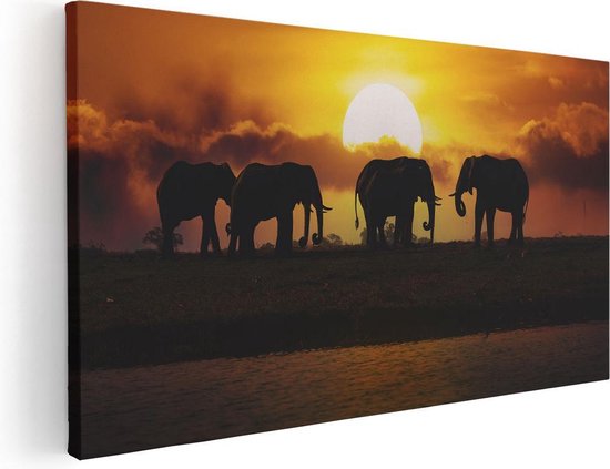 Artaza Canvas Schilderij Silhouet Olifanten Tijdens Zonsondergang - 100x50 - Groot - Foto Op Canvas - Canvas Print