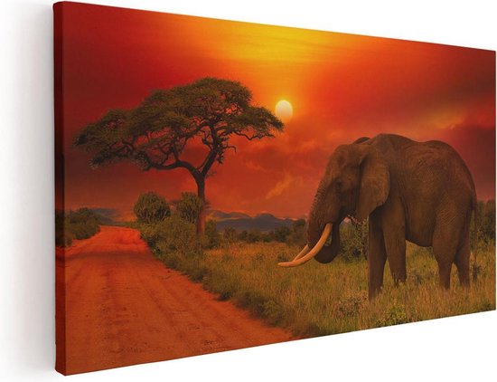 Artaza - Peinture sur toile - Éléphant à l'état sauvage pendant le coucher du soleil - 100 x 50 - Groot - Photo sur toile - Impression sur toile